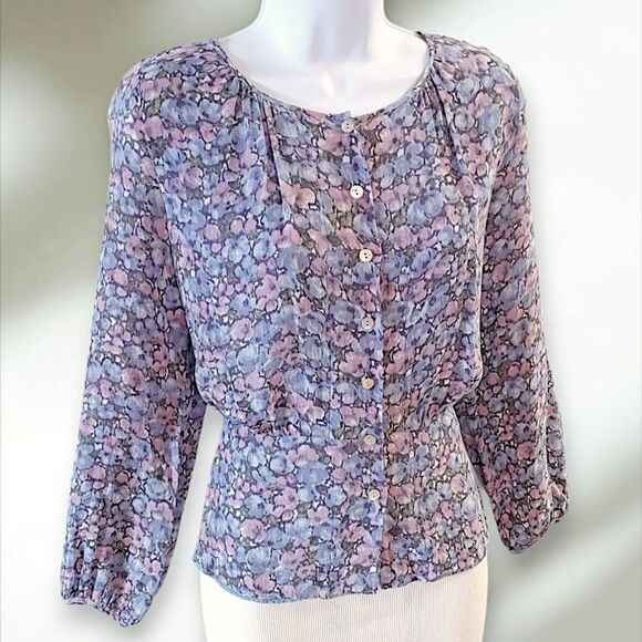 Calypso St. Barth 100% Silk Women's Medium Purple Button Up Peplum Blouse Top - Picture 4 of 12